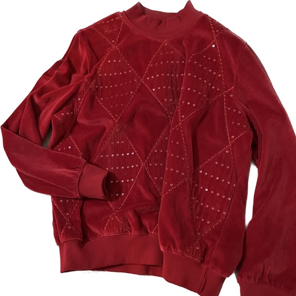 Alfred Dunner Red Velvet Mock Neck Sequence vintage retro crewneck top L - Picture 1 of 7